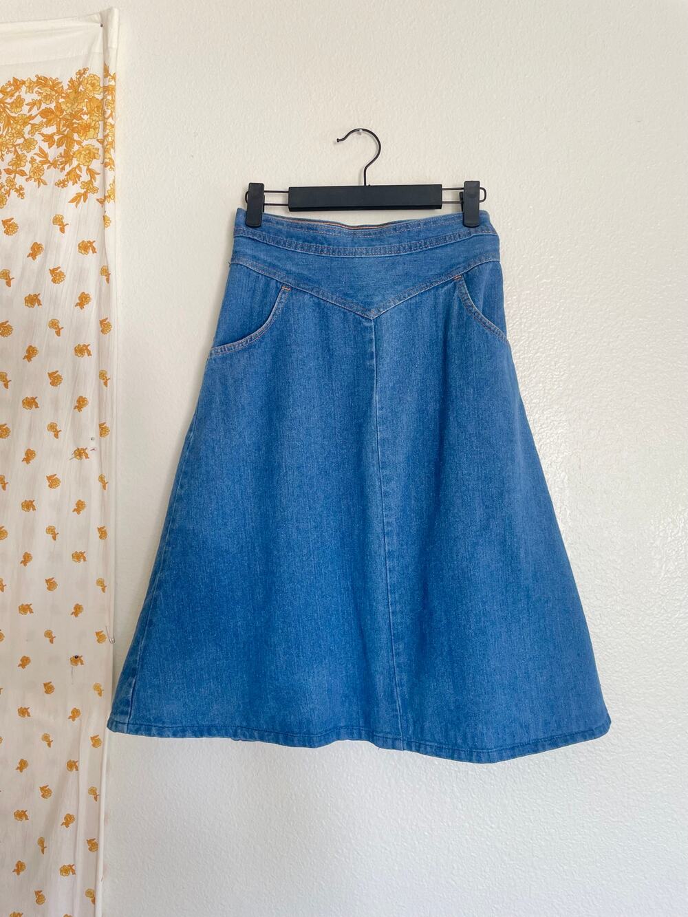 Vintage 70s Woolco Denim Wrap Midi Skirt Western Yoke Size 13